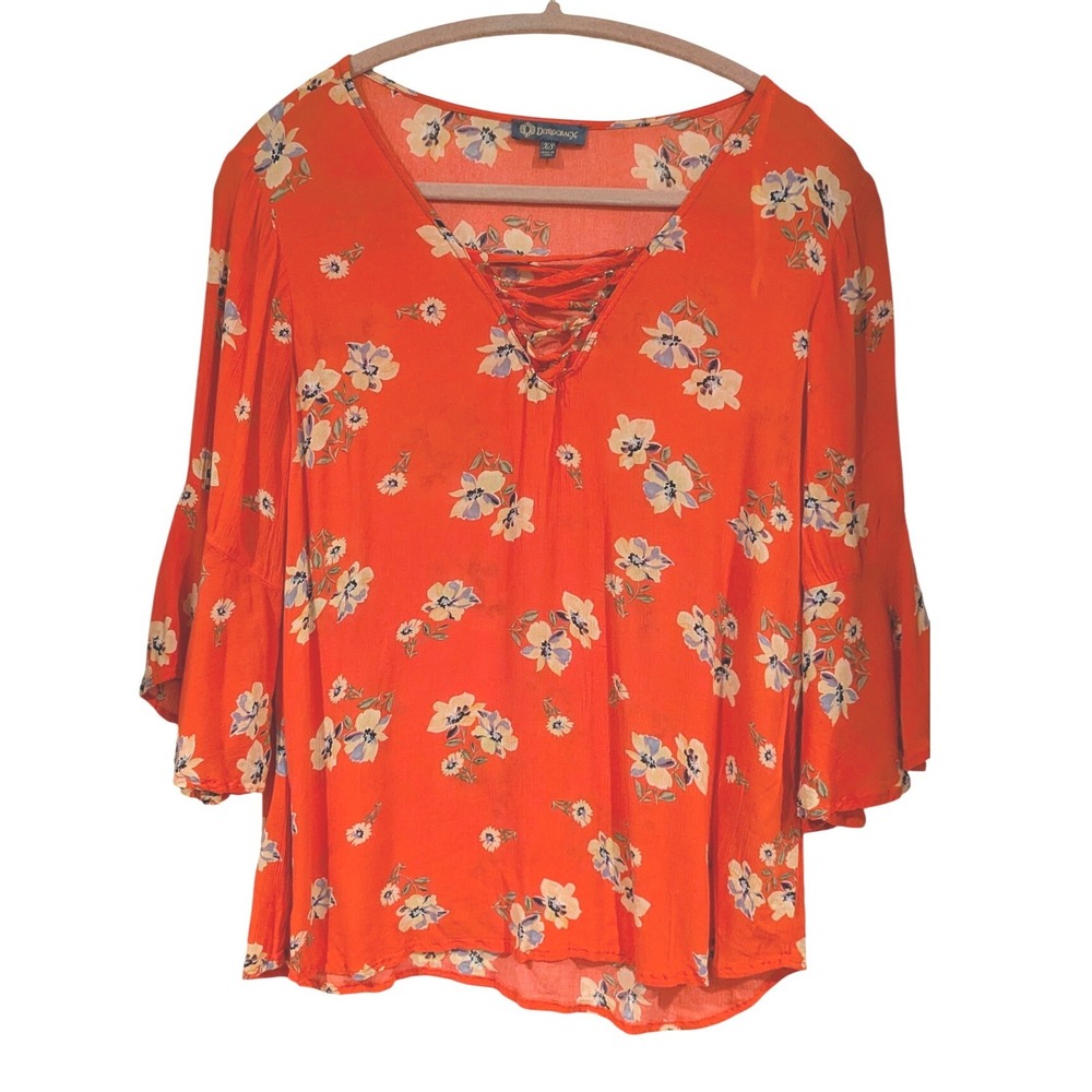 Democracy Womens XS Orange Floral Lace Up V-Neck Bell Sleeve Blouse Bohemian